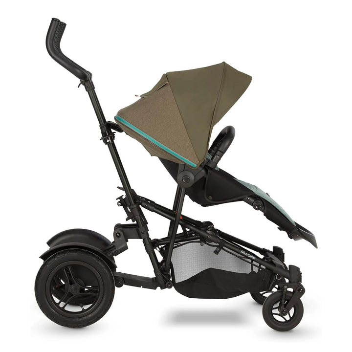 Micralite TwoFold Evergreen folded stroller, one-hand fold, carrycot, eveer green accents.