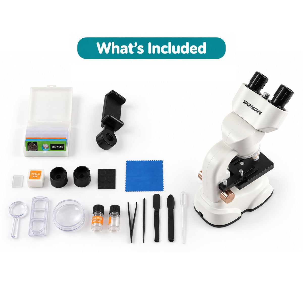 Showing Microscope kit accessories, including 4 colour filters, sample bottles, storage box, prepared slides and tools laid out
