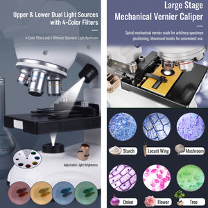Microscope kit accessories including 4 colour filters, prepared slides and tools laid out
