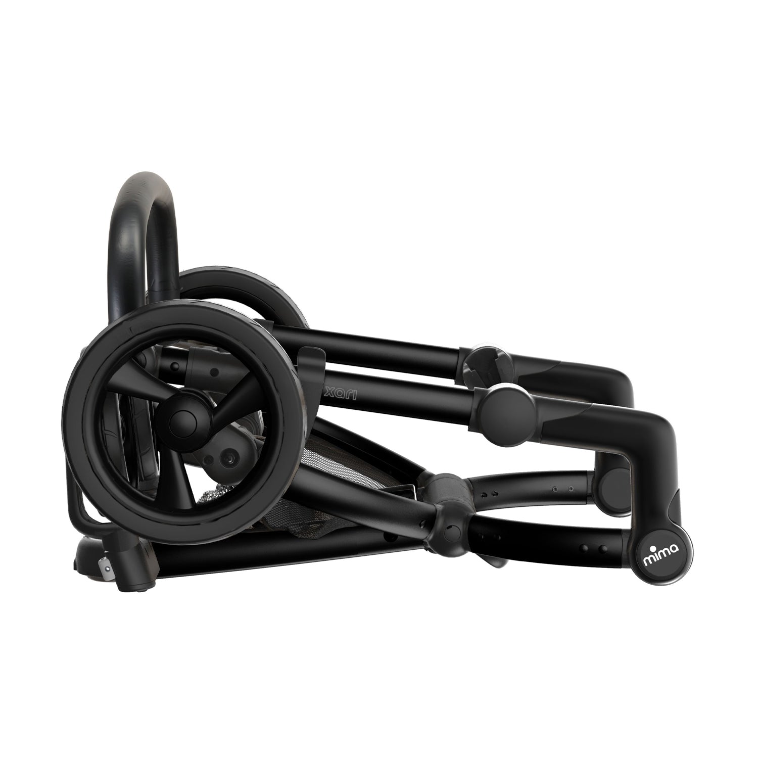 Mima Xari 4G stroller chassis black folded for storage.