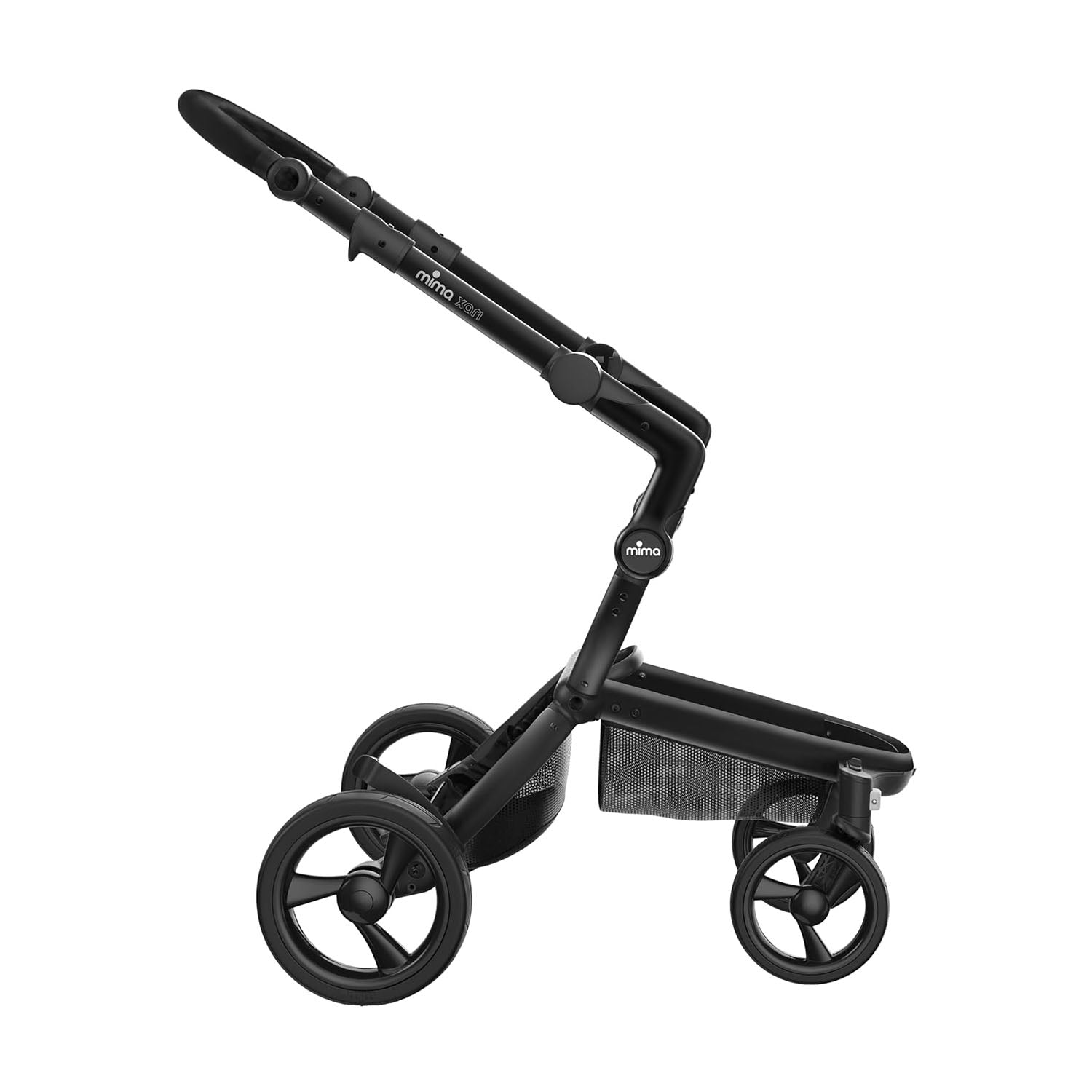 Mima Xari black chassis standing upright, showing highly resistant removable wheels.