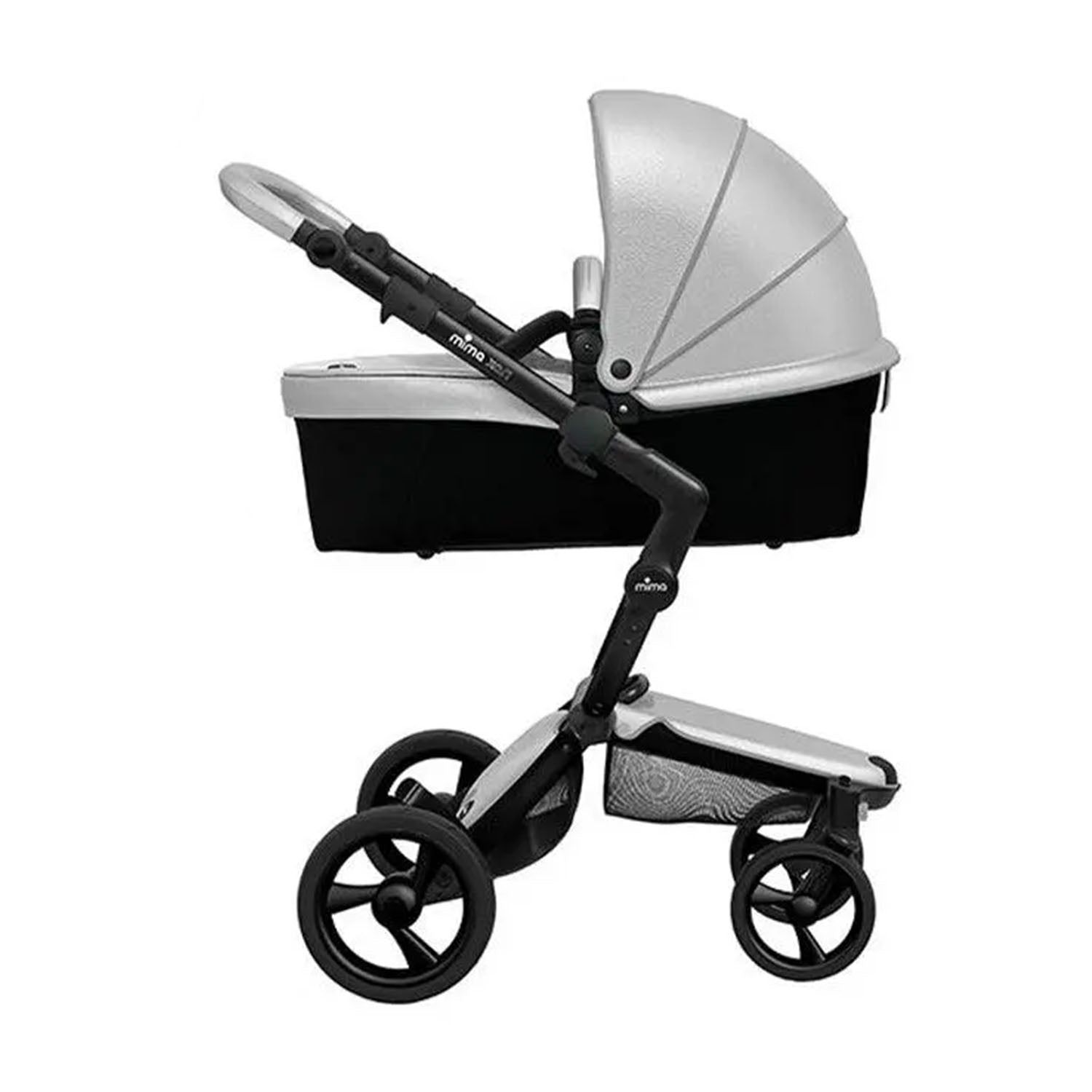 Mima Xari stroller in carrycot mode side profile with black chassis and argent canopy.