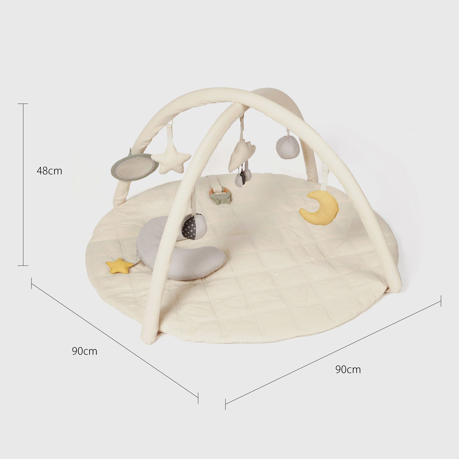 Baby play gym with dimensions on a white background