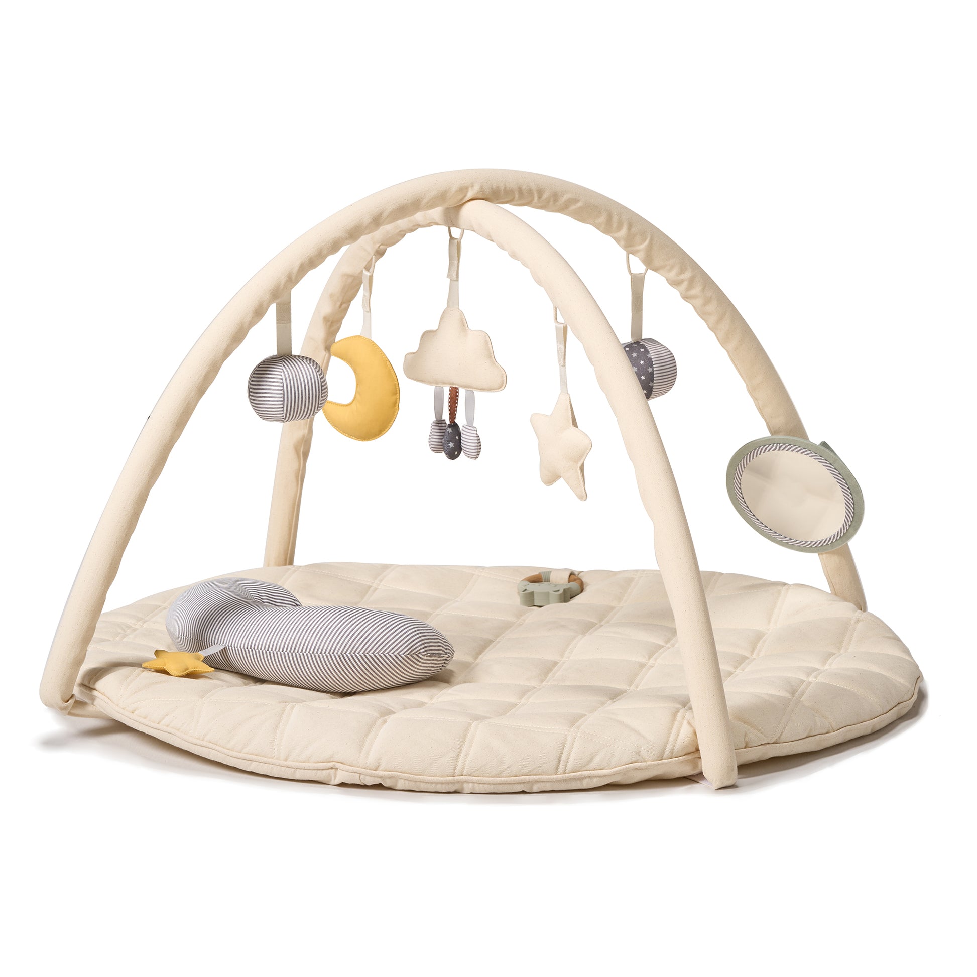 MiniDream Baby play gym with hanging toys on a white background