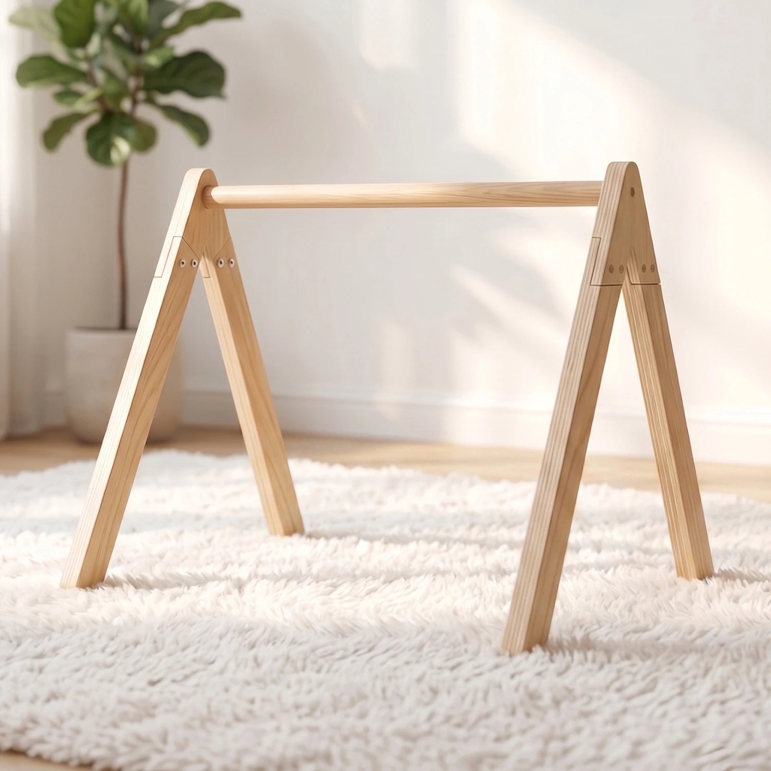 A light natural wooden baby gym frame stand with a horizontal top bar, shown on a white shag rug in a bright indoor room with a potted plant in the background.