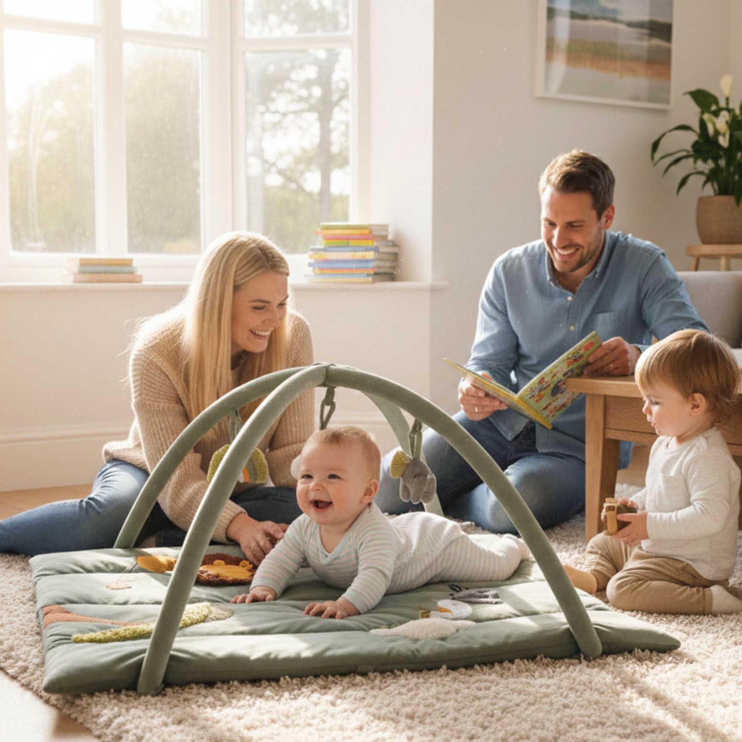 Parents are spending quantity time with their kids and the baby is playing on minidream jungle activity gym and playpen.