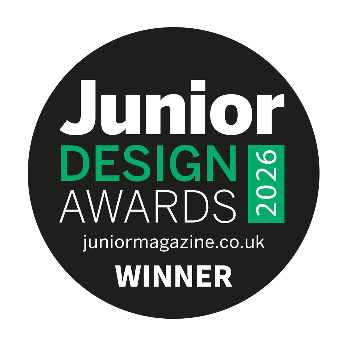 A circular black badge with white and green text reading 'Junior Design Awards 2026', 'juniormagazine.co.uk', and 'WINNER'.