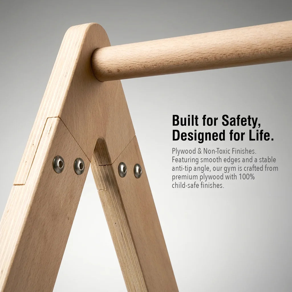 Close-up detail of the A-frame joint, showing metal screws securely attaching the legs to the round wooden crossbar.