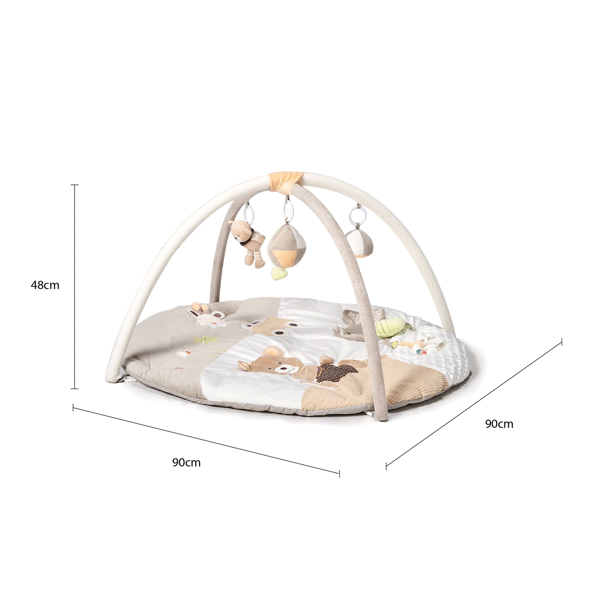 Baby play gym with dimensions on a white background