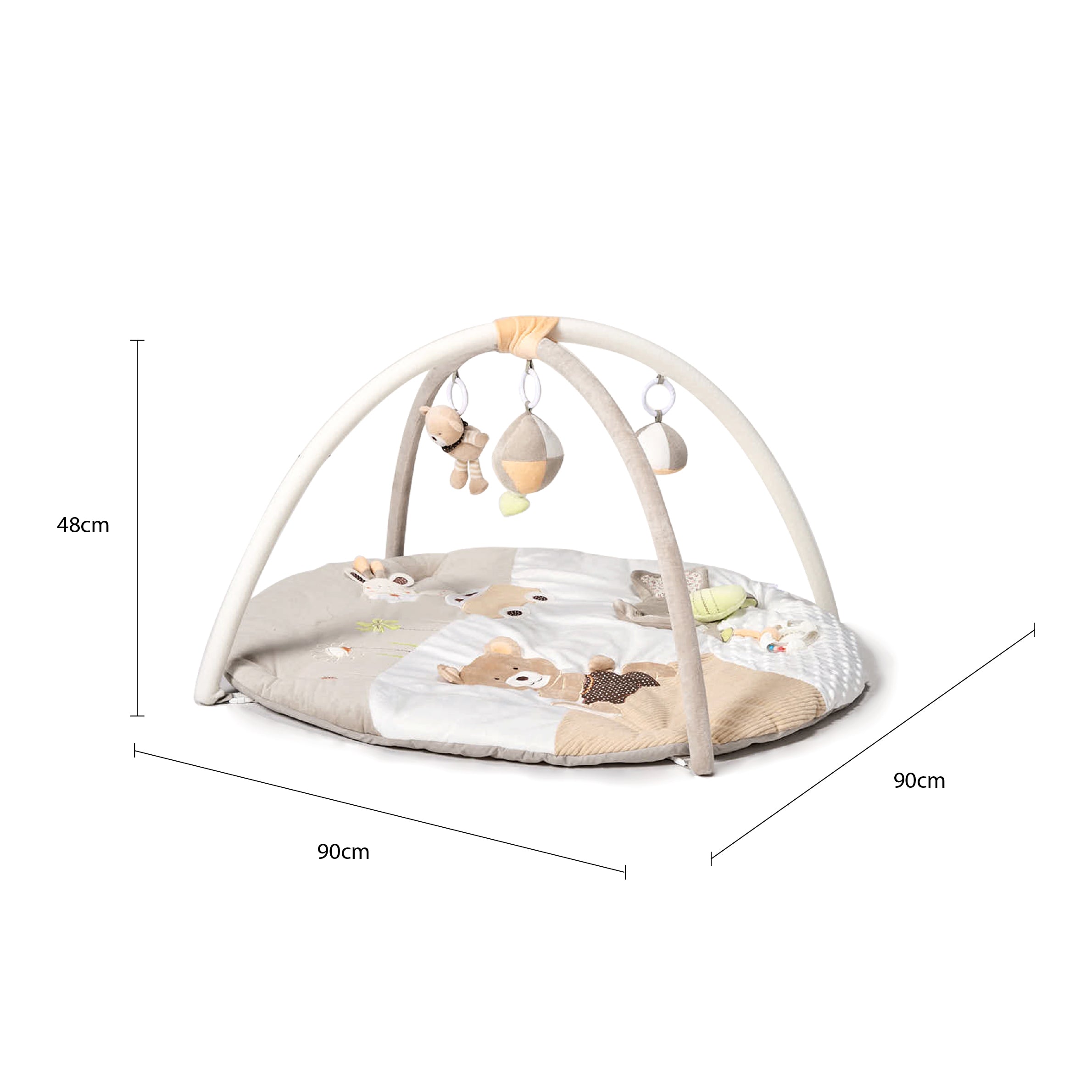 Baby play gym with dimensions on a white background