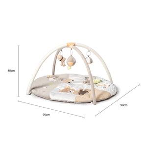 Baby play gym with dimensions on a white background