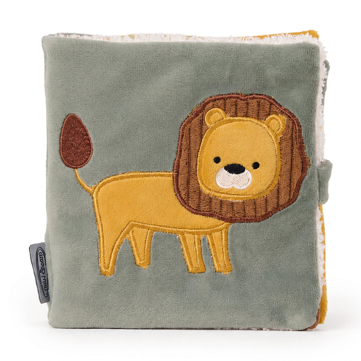 Front cover of the MiniDream Jungle soft baby activity book featuring a textured yellow lion applique on a plush green background.