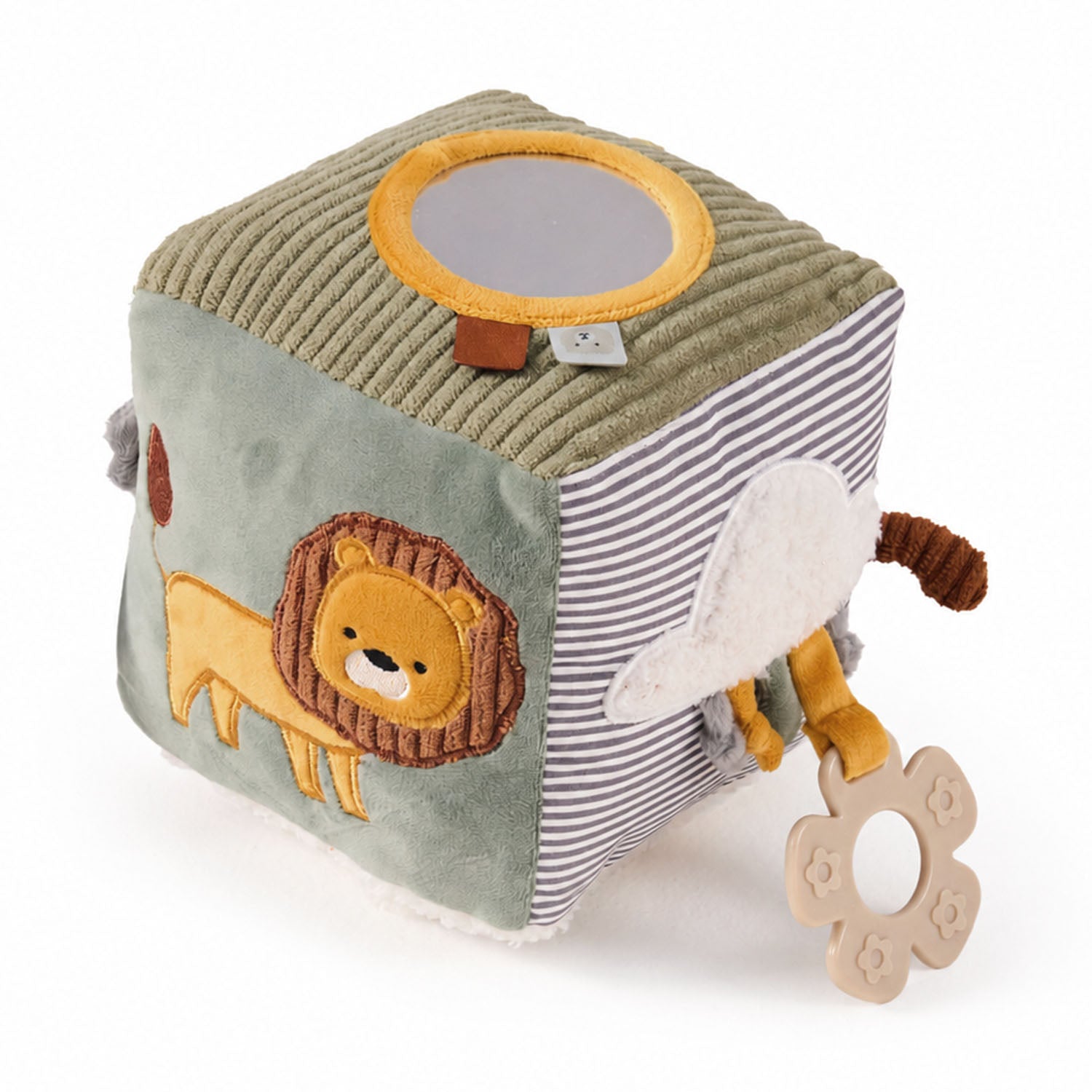 MiniDream Soft Activity Cube in a jungle theme featuring a plush lion, baby-safe mirror, and teething ring for infant sensory development.