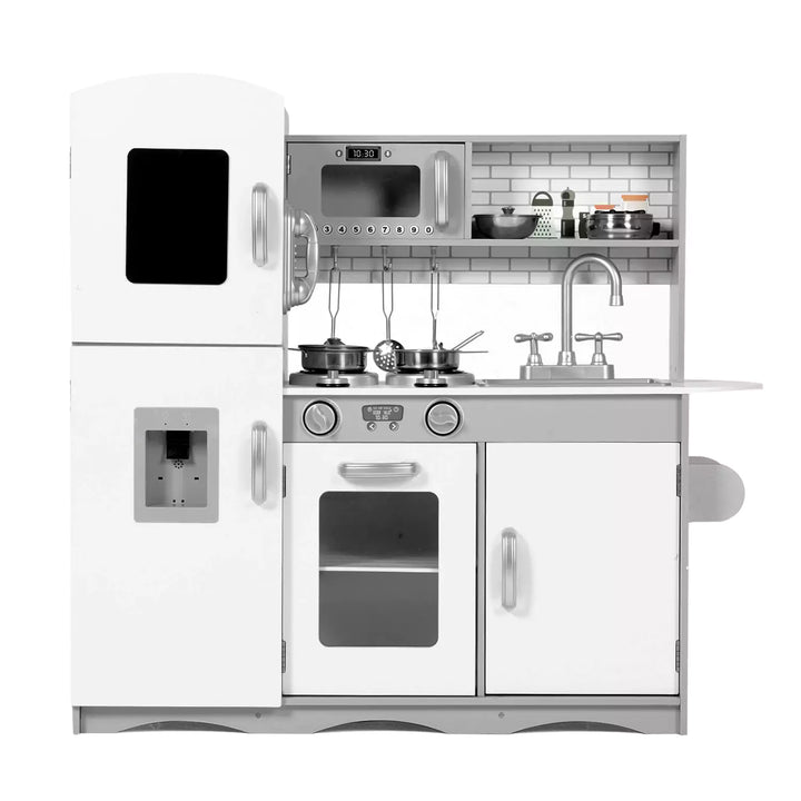 A child's toy kitchen set made of gray wood. The kitchen includes pretend appliances like a refrigerator, stove, sink, and microwave. It also has shelves and cabinets for storing toy food and cookware. This toy kitchen is part of the Signature Deluxe Grey Wooden Toy Kitchen Set.