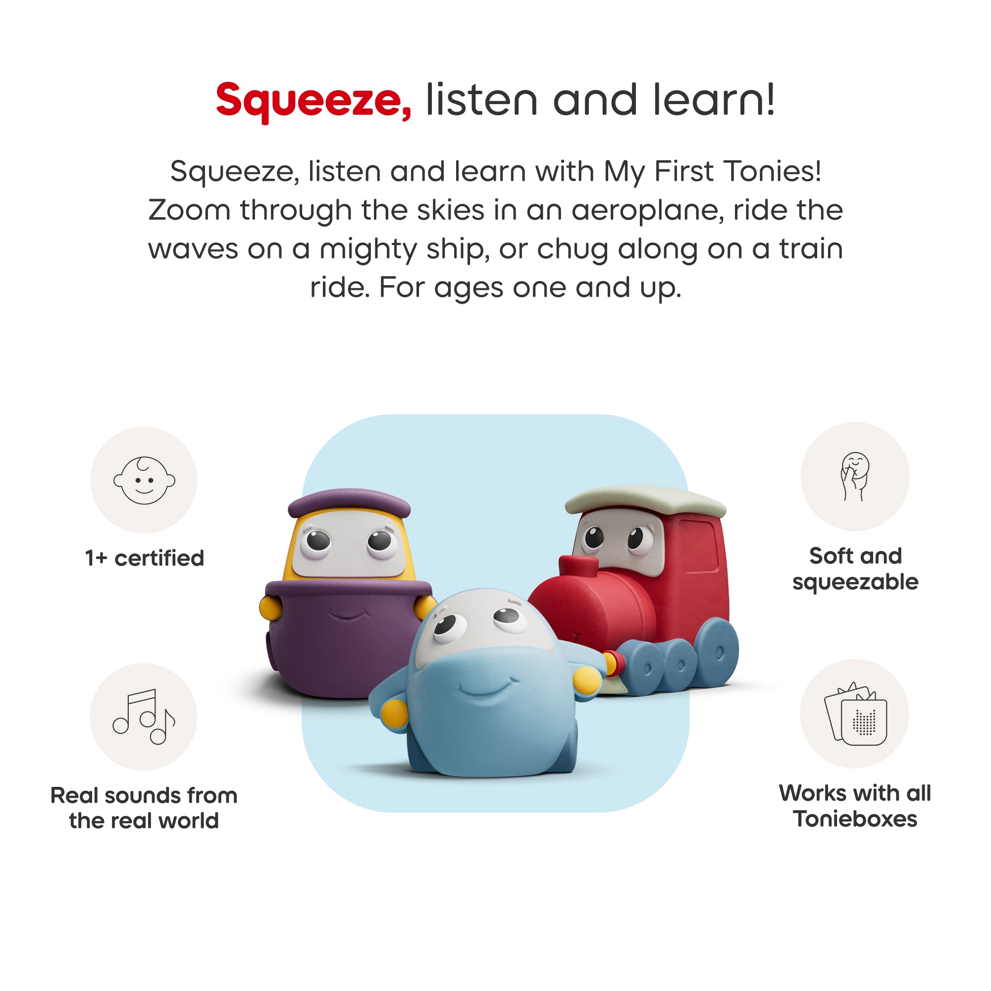 Screen-free listening toy that plays songs and real-world sound effects