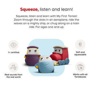 Screen-free listening toy that plays songs and real-world sound effects