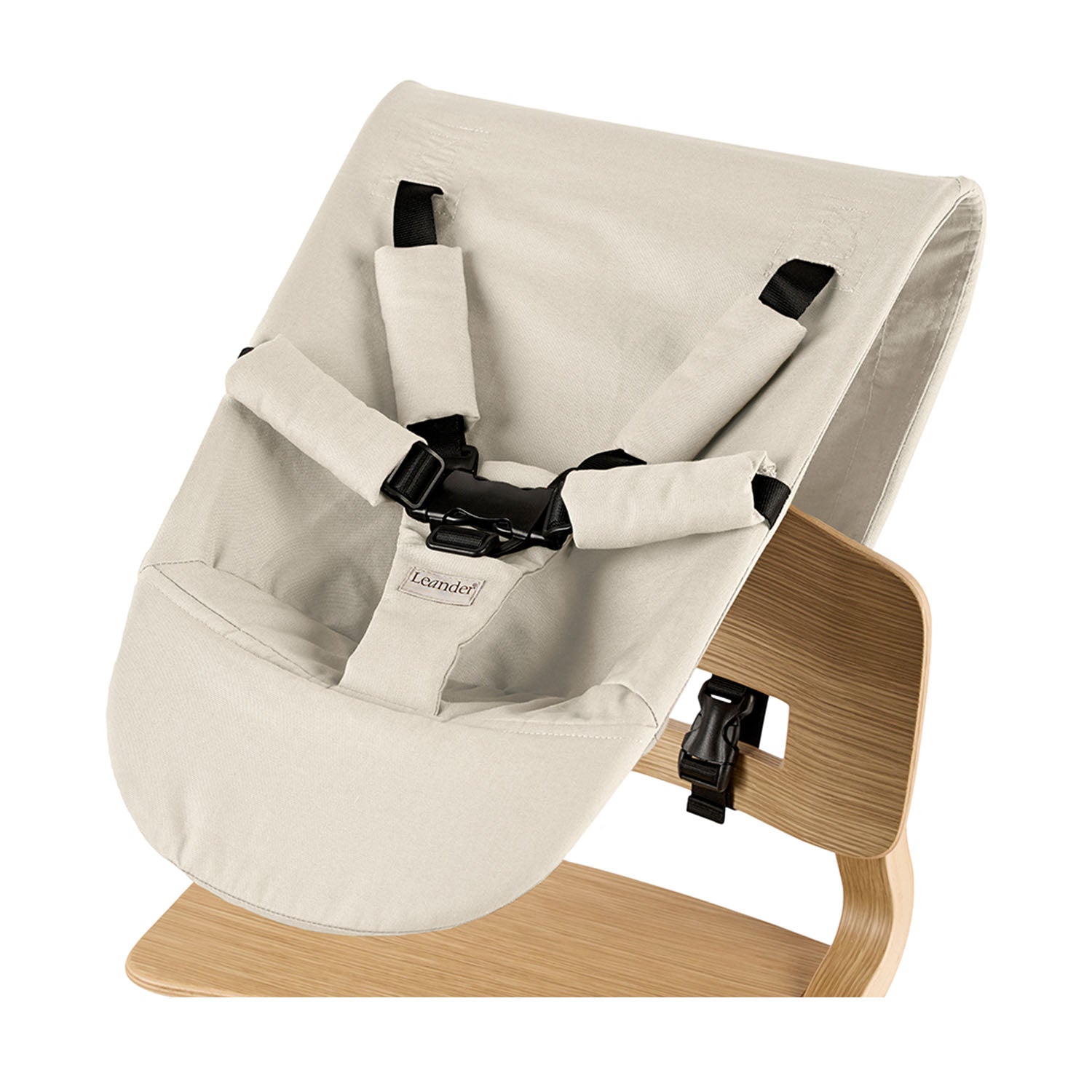 Newborn seat for Leander highchair with 5 harness point in cappuccino colour.