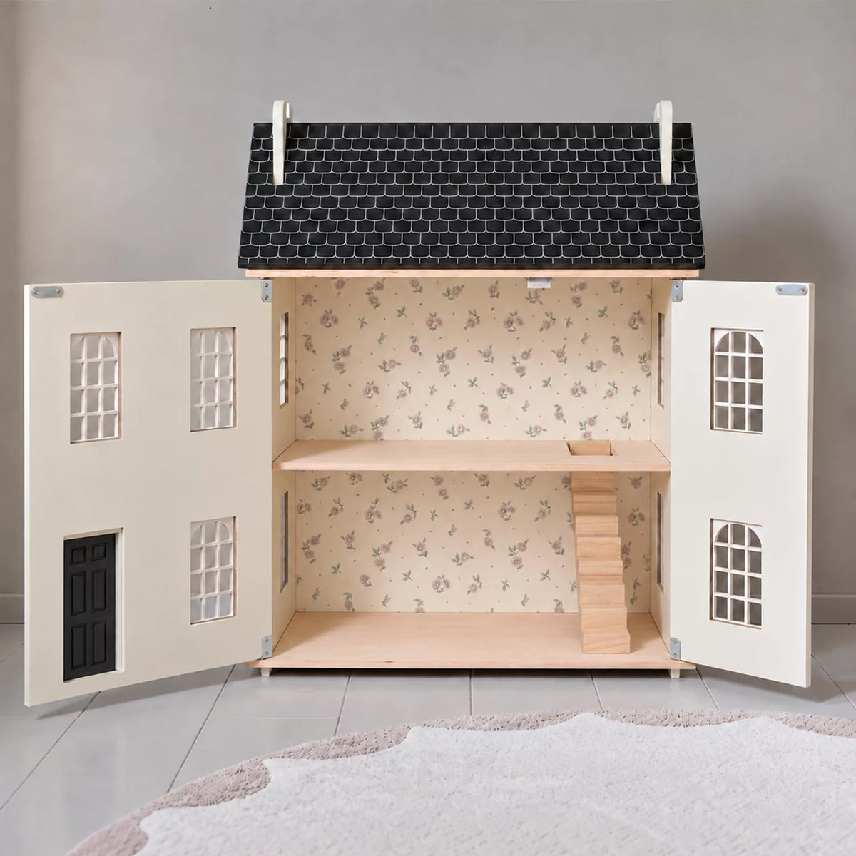 Hooga Noble Dollhouse spacious 3-level empty interior with wide opening front doors and wooden staircase