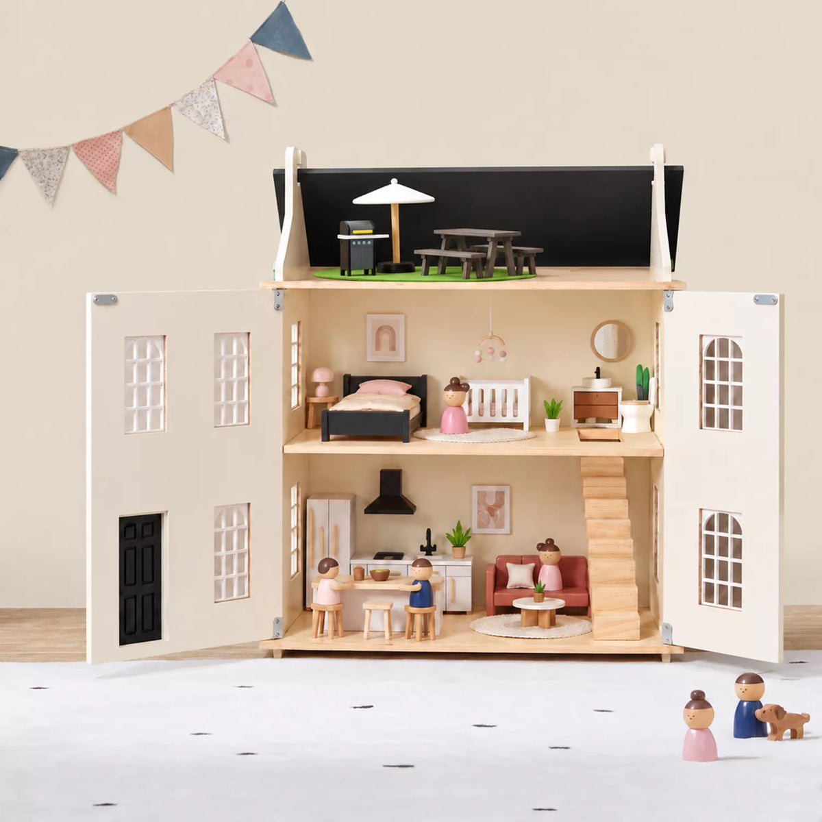 Hooga Noble wooden dolls house in white with black roof and opening front doors