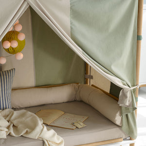 Camp Bed Canopy tied back to bed frame showing open and airy daytime setup in a child’s bedroom