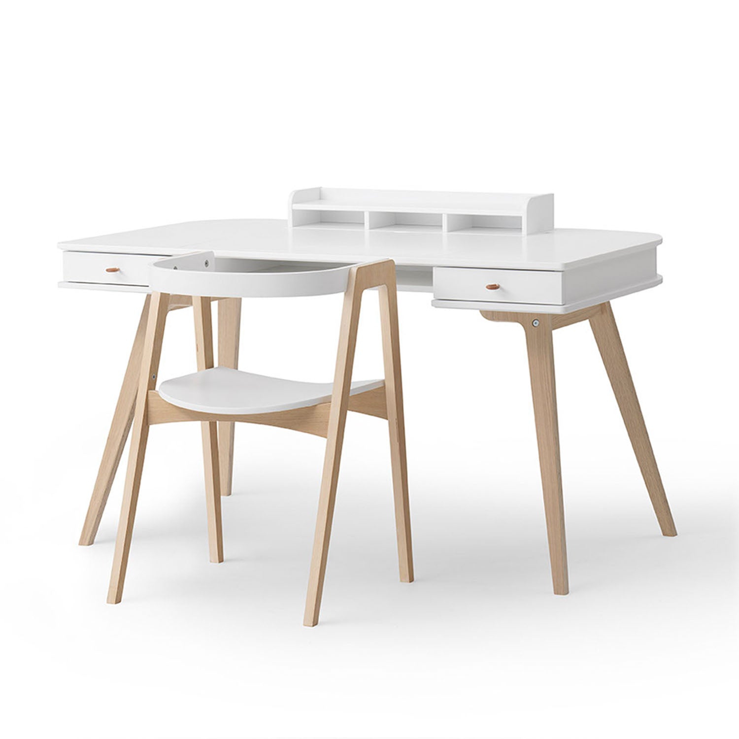 Wooden desk with light oak finish and clean, minimal design.