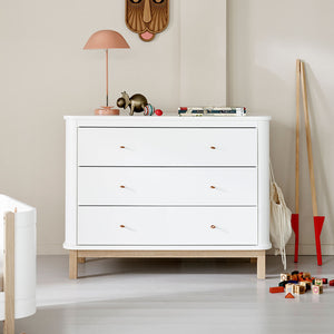 Wooden nursery dresser with smooth finish and natural wood grain texture