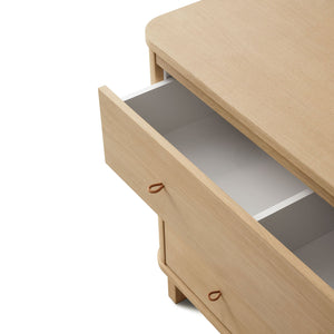 Elegant oak storage unit with leather loop handles on each drawer