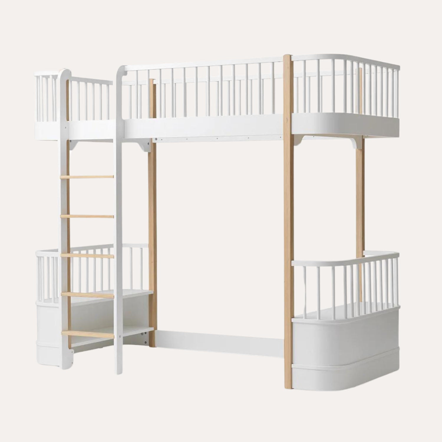 Children’s loft bed with white frame and natural oak legs