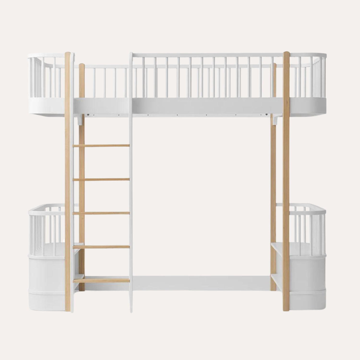 Loft bed with storage benches and natural oak finish legs