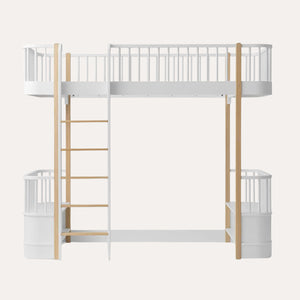 Loft bed with storage benches and natural oak finish legs