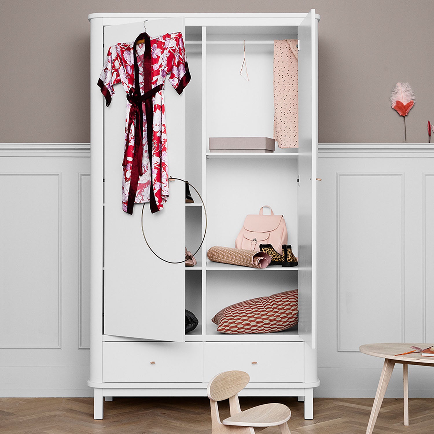 Interior layout with shelves and hanging rail