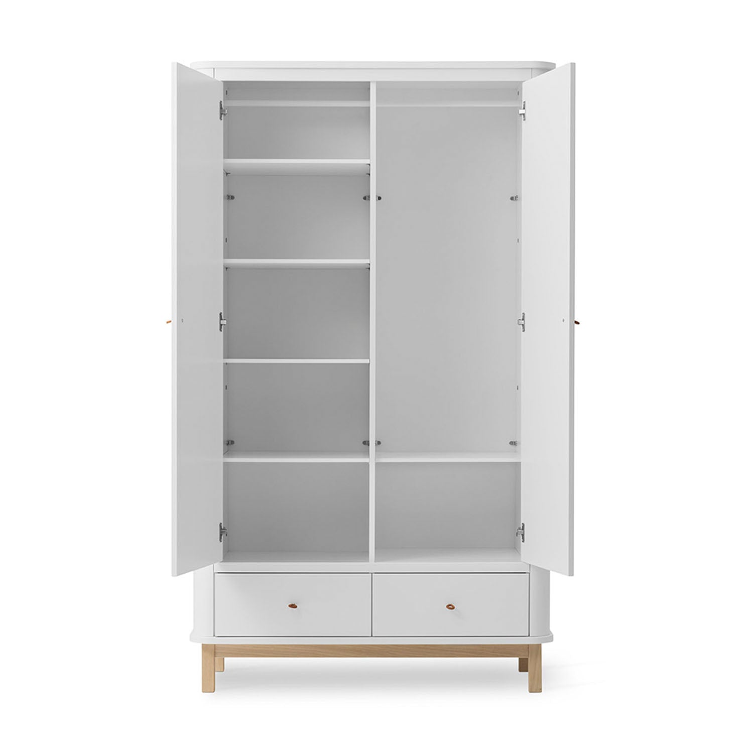 Open wardrobe showing storage compartments and bottom drawer