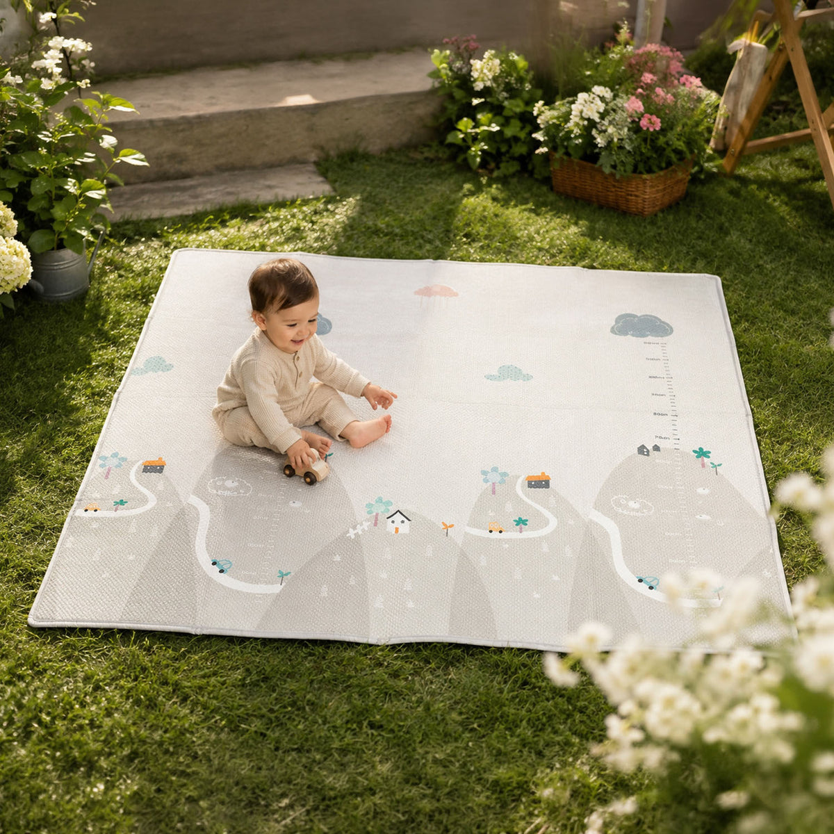 A baby sits on a large outdoor play mat laid on green grass in a garden. The play mat has a light gray and white design with illustrated clouds, roads, hills, and small decorative motifs.