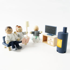 wooden doll house family figures full set watching TV