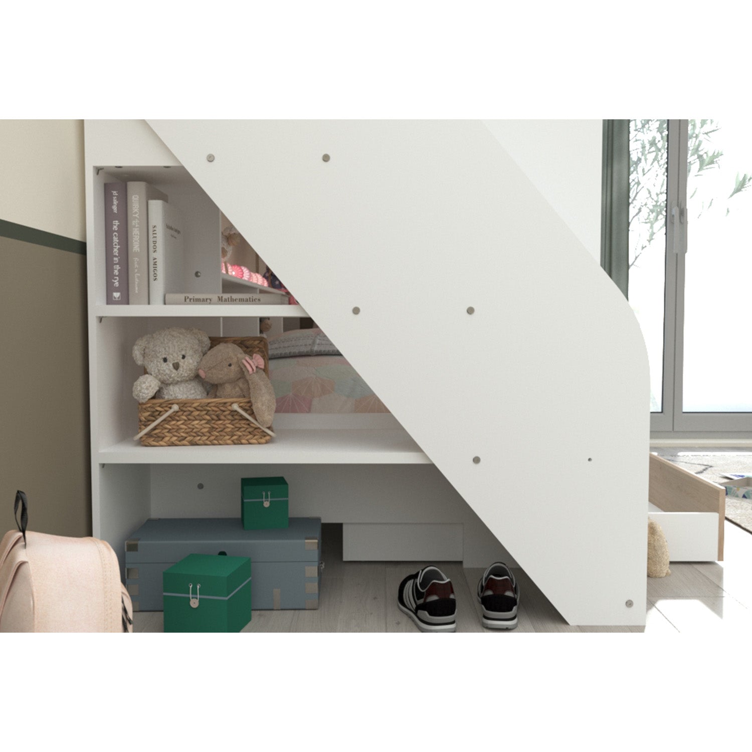 The Parisot Bibliobed Bunk Bed, with storage shelves under the steps and along both bunks, is ideal for reading.