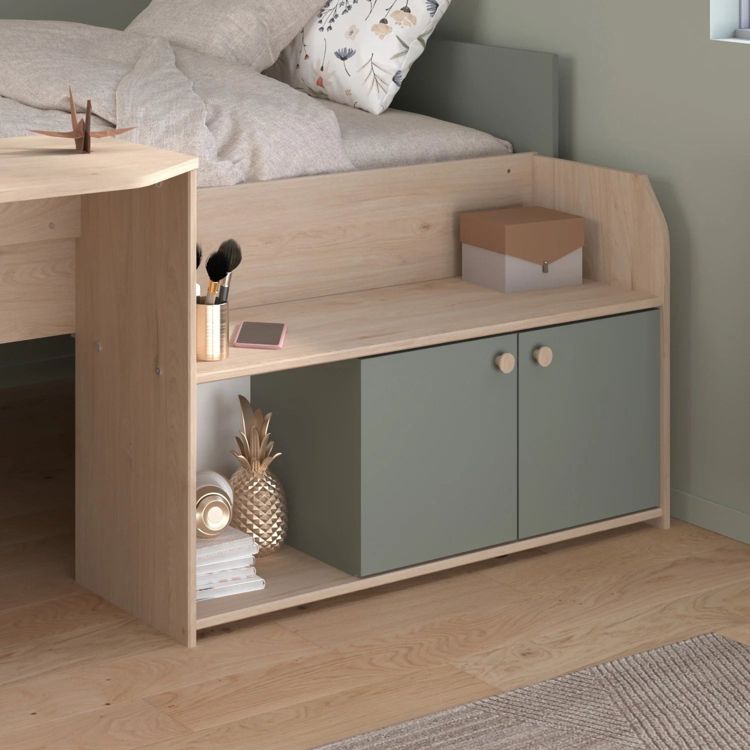 This cabin bed has a large desk for studying, roomy shelves, and closed cupboard storage to secure tech, books, toys, and daily necessities.