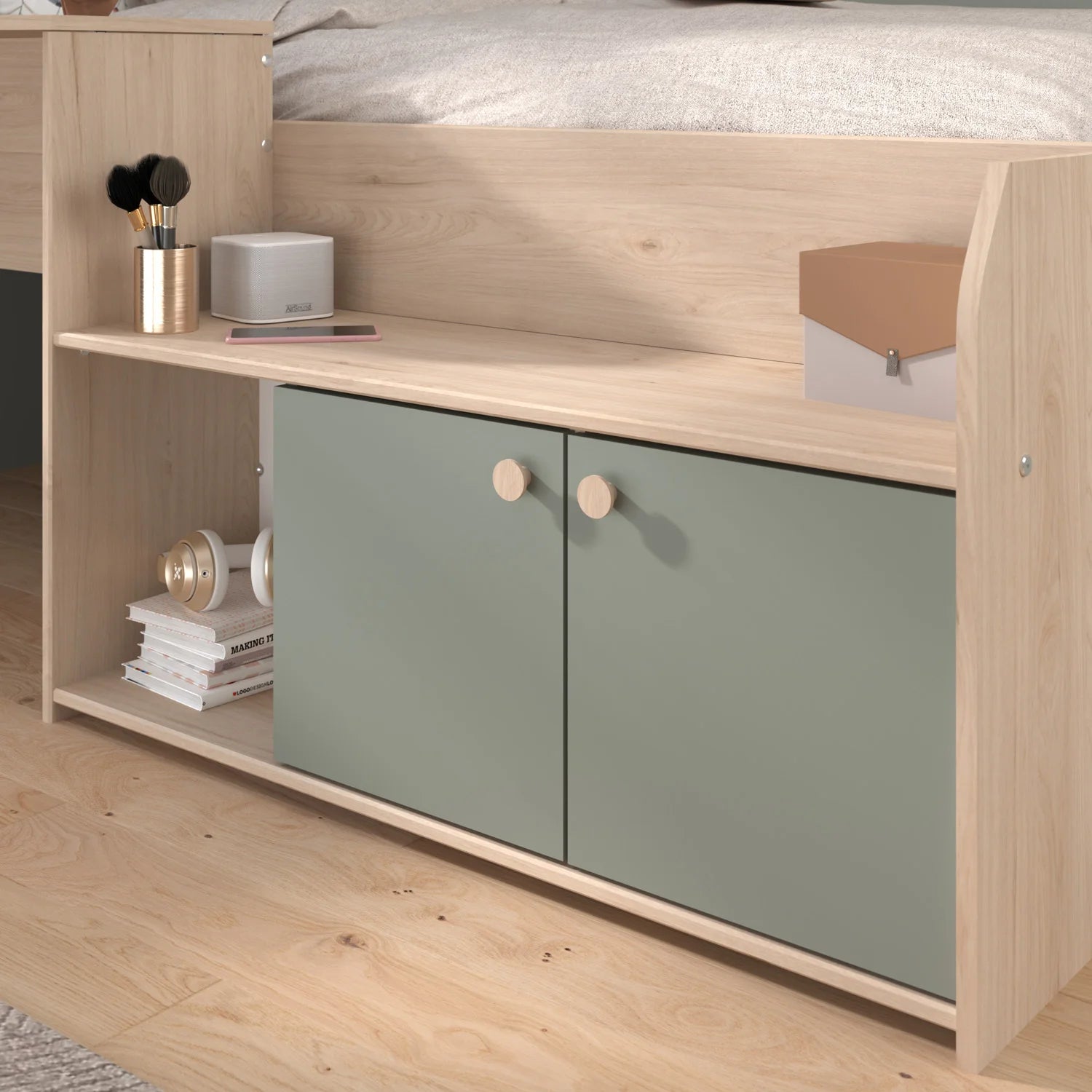 The Parisot Jade cabin bed has shelves and closed and open cupboards.