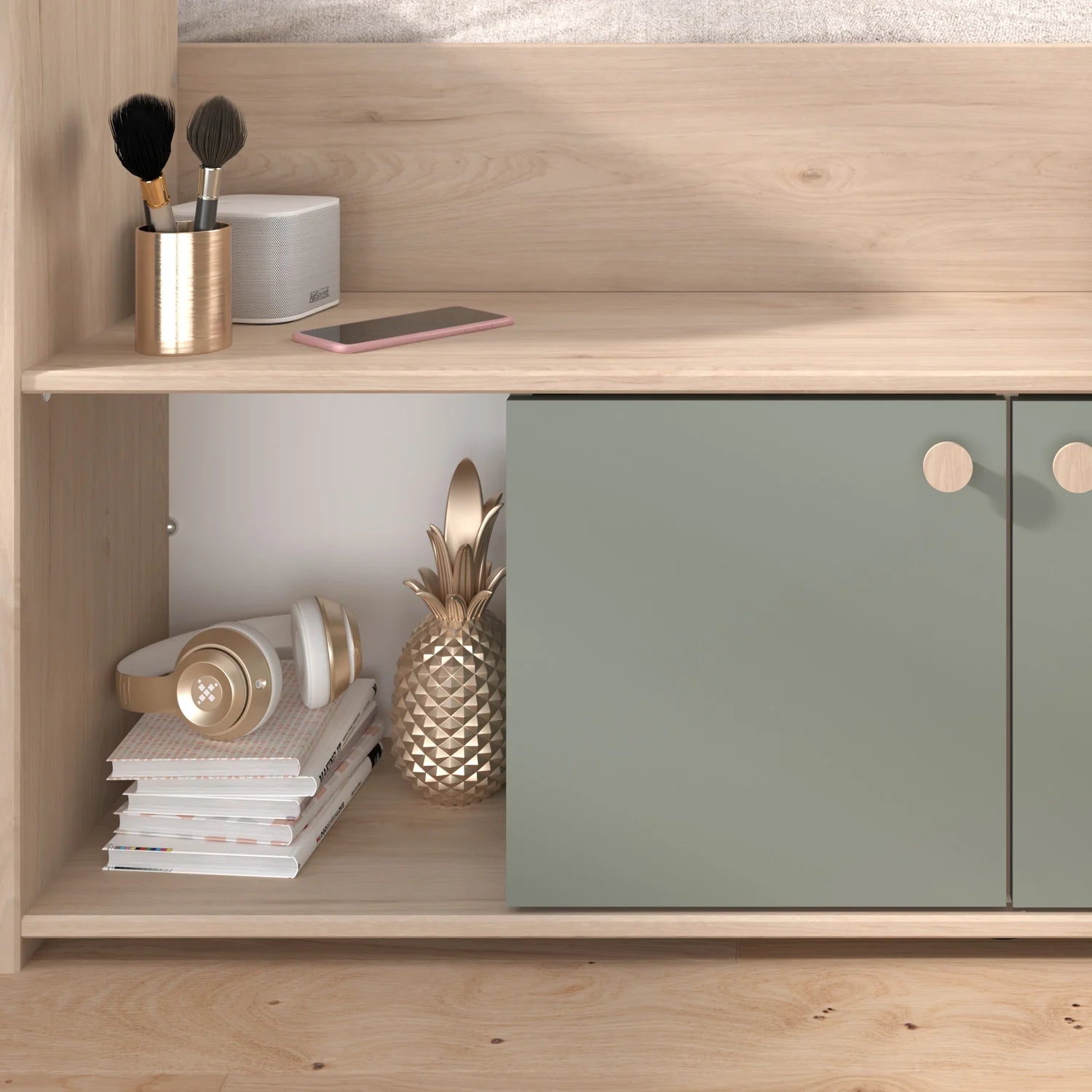 The Parisot Jade cabin bed has shalve for books.