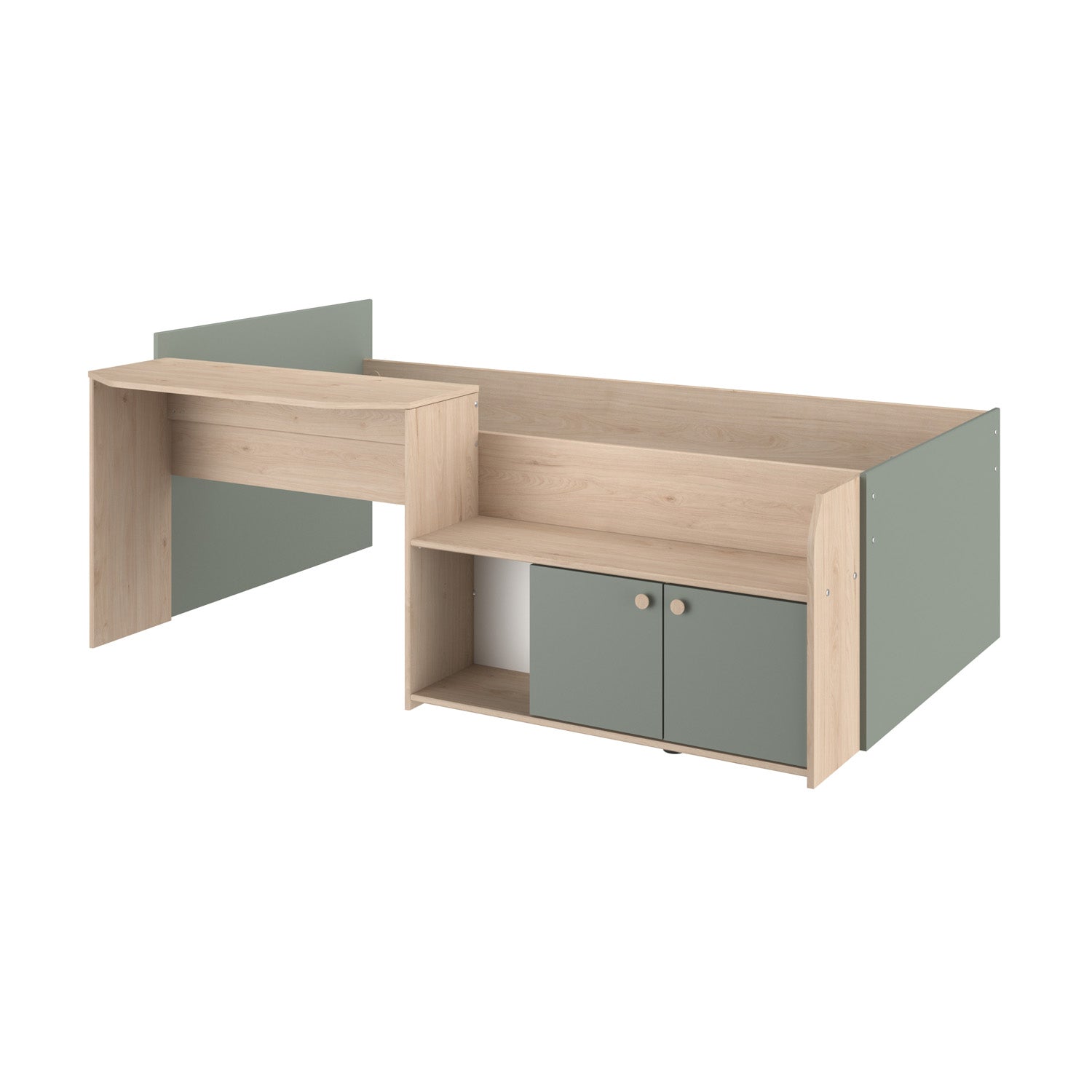 Parisot cabin bed is made from wood and finished with oak & green.