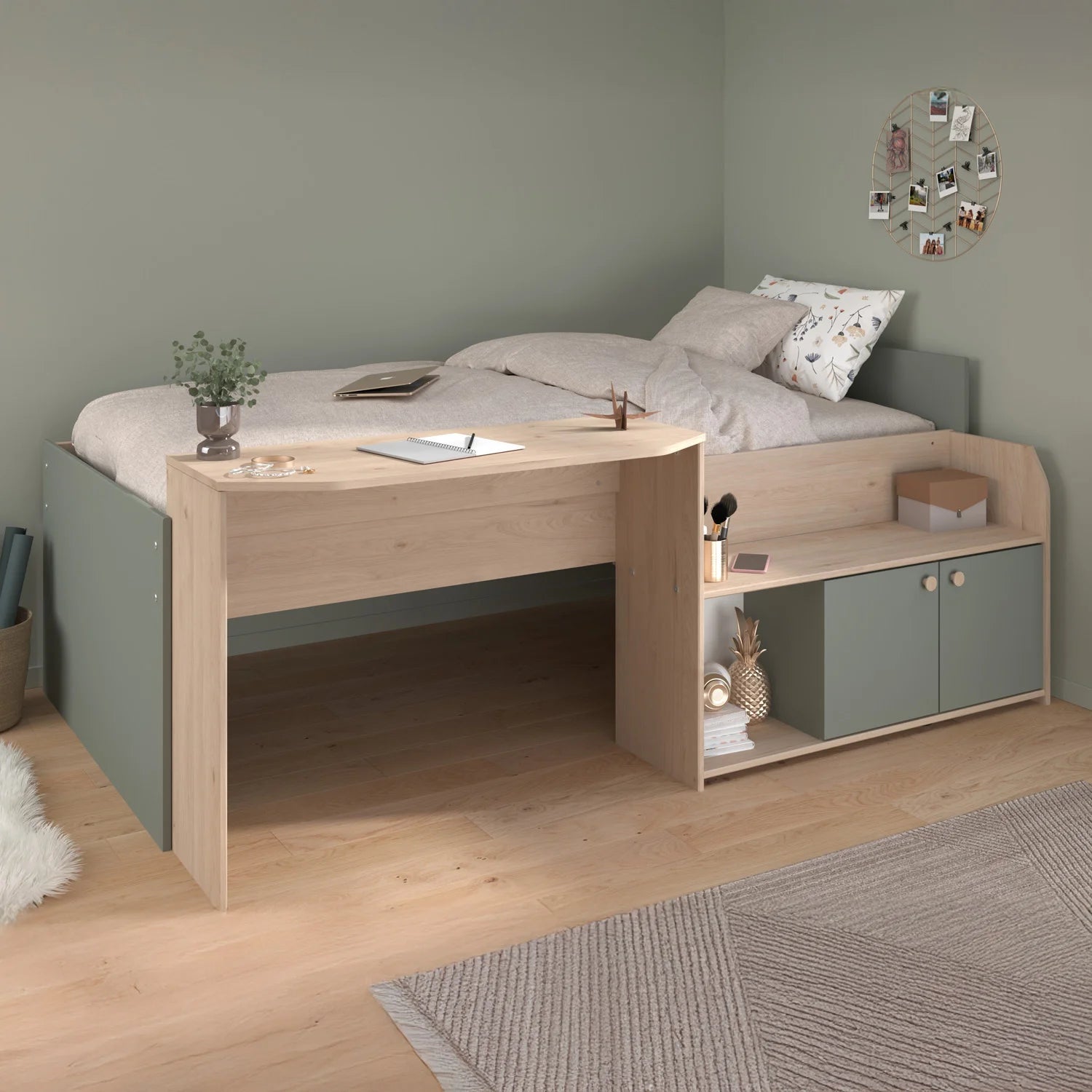 Parisot Jade Cabin Bed with Desk, Shelves, & Cupboard - Oak & Green