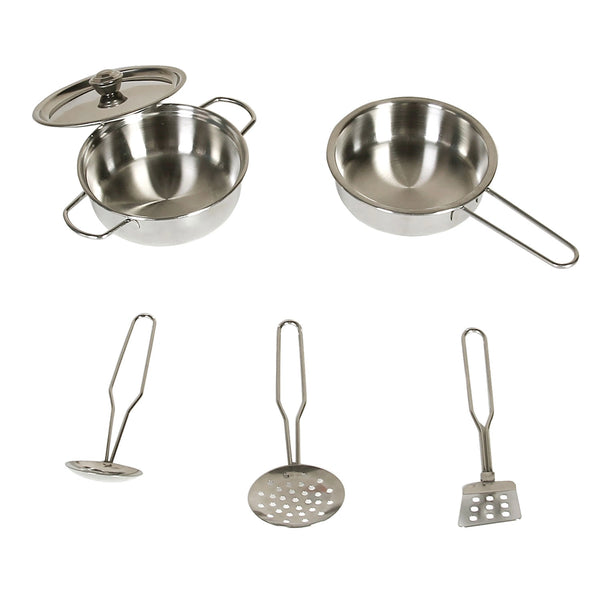 A 5-piece stainless steel play kitchen accessories set including a pot with lid, frying pan, slotted spoon, spatula, and ladle.