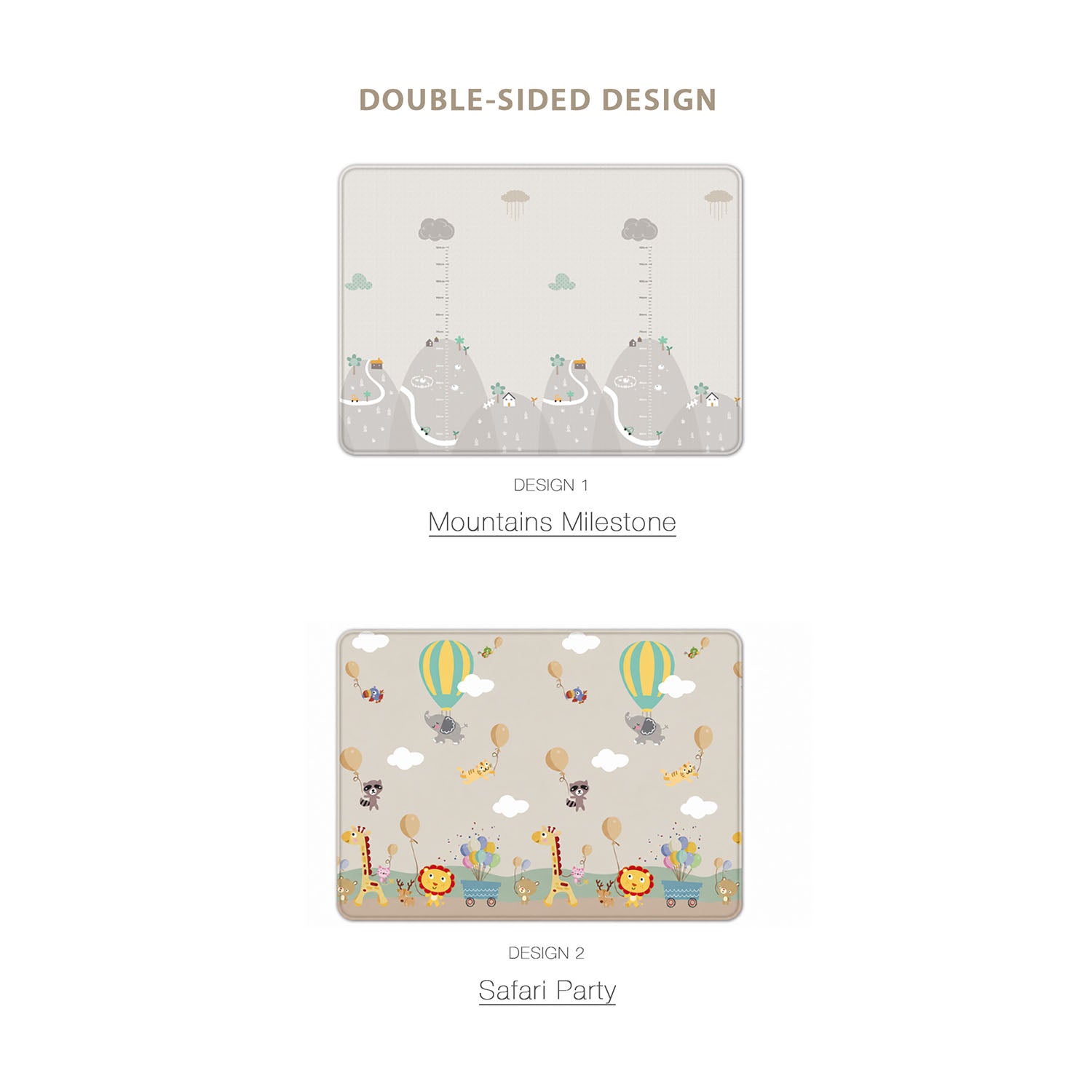 Graphic displaying the double-sided design of the play mat, showing the colourful safari hot air balloon adventure on one side and a grey landscape on the other.