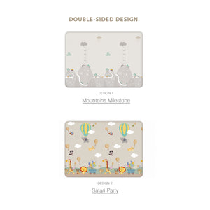 Graphic displaying the double-sided design of the play mat, showing the colourful safari hot air balloon adventure on one side and a grey landscape on the other.