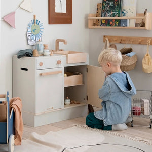 Kids play kitchen sink with storage shelf underneath
