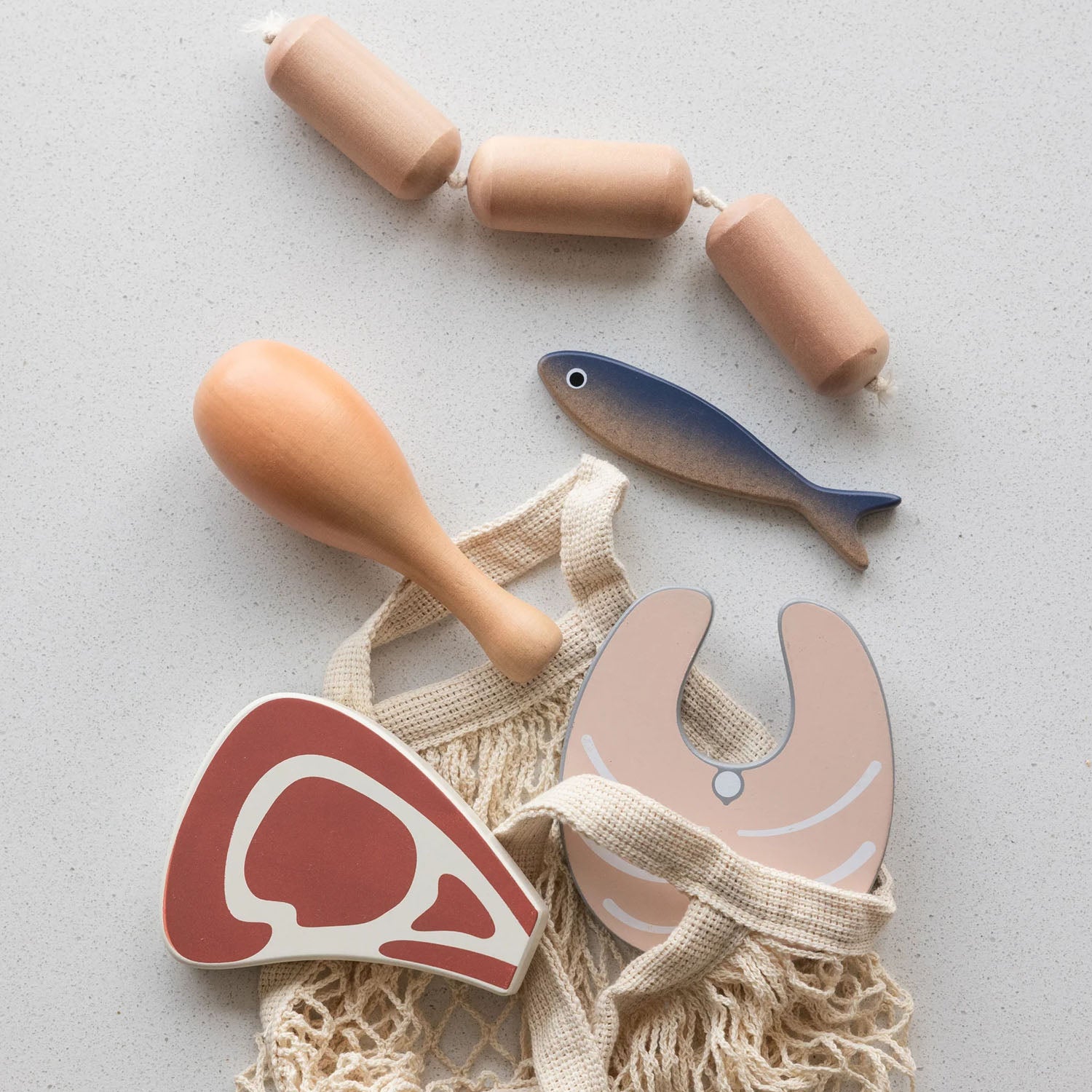Safe, long-lasting wooden toy meat and fish for little hands and everyday play