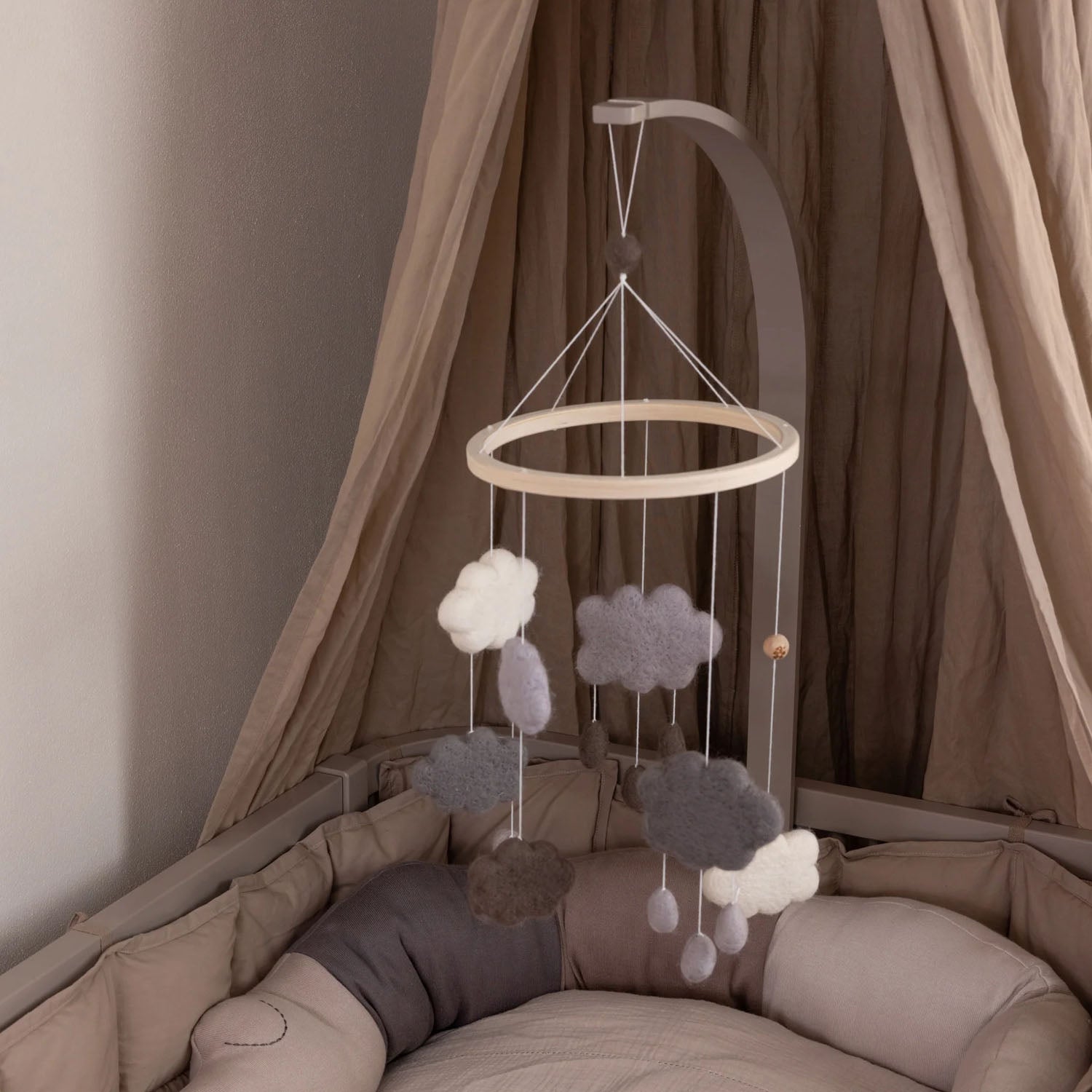 Sebra Wooden Mobile Holder paired with a hanging baby mobile.