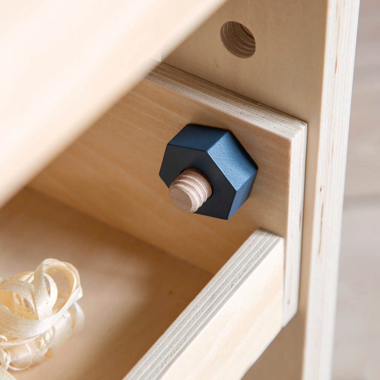 Kids wooden tool bench for pretend construction.