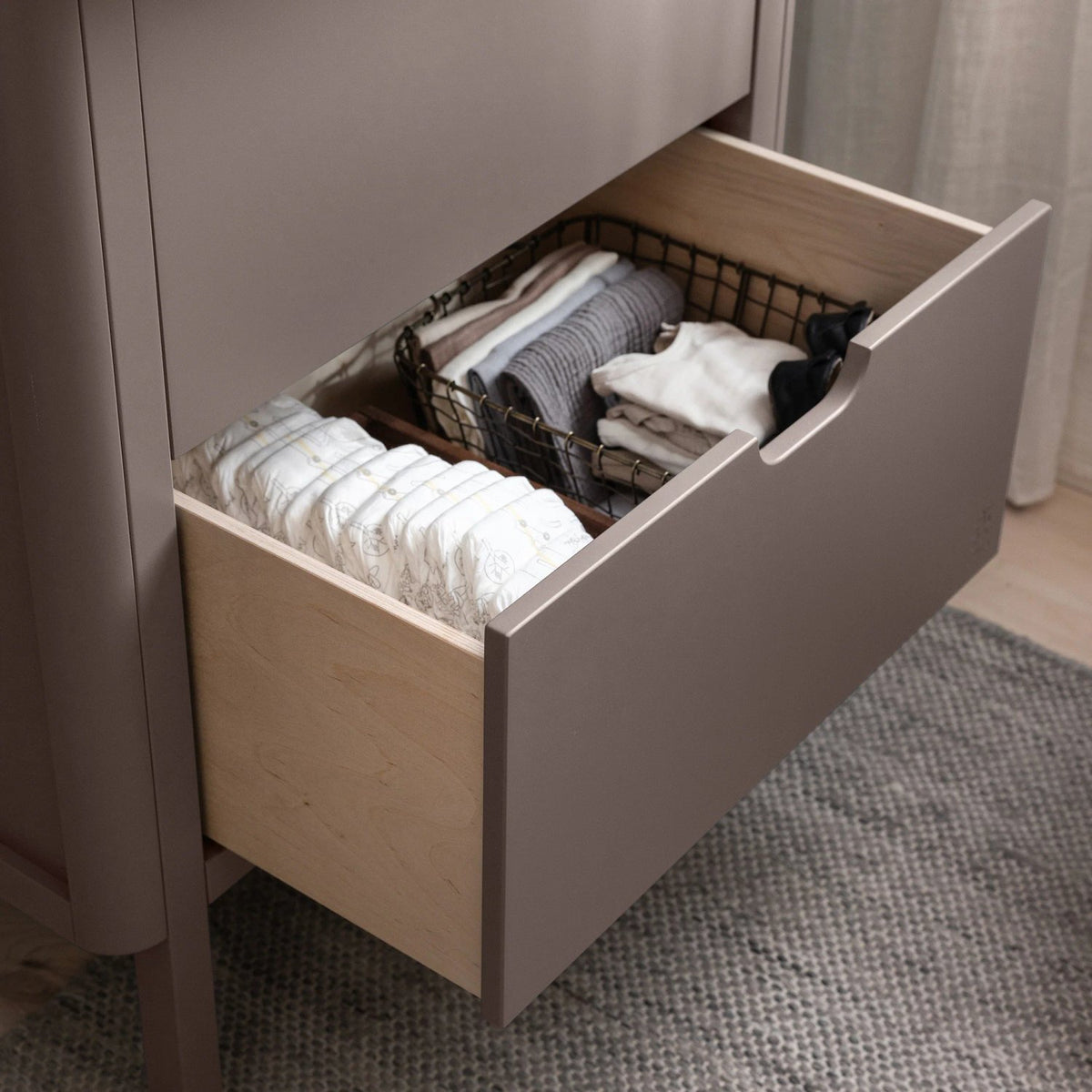 Sebra Changing Unit with Drawers with both drawers fully pulled out showing depth