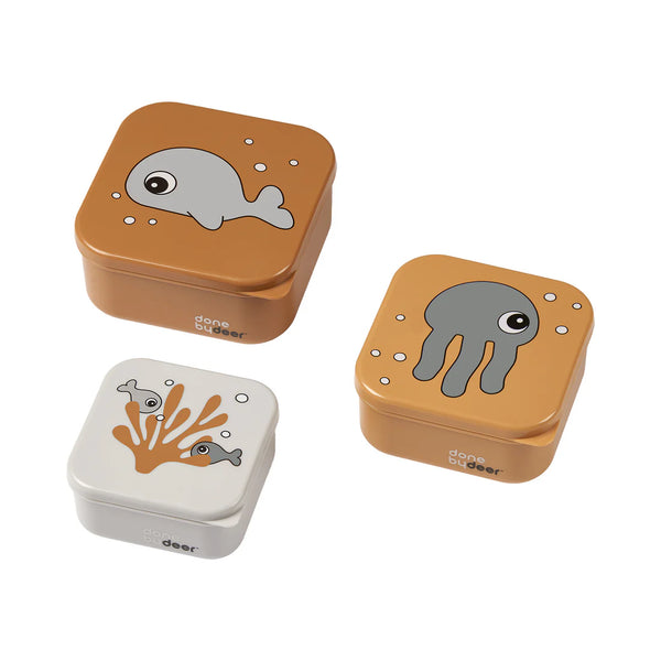 Snack Box Set (3 Pcs) – Sea Friends Design (Mustard/Grey)