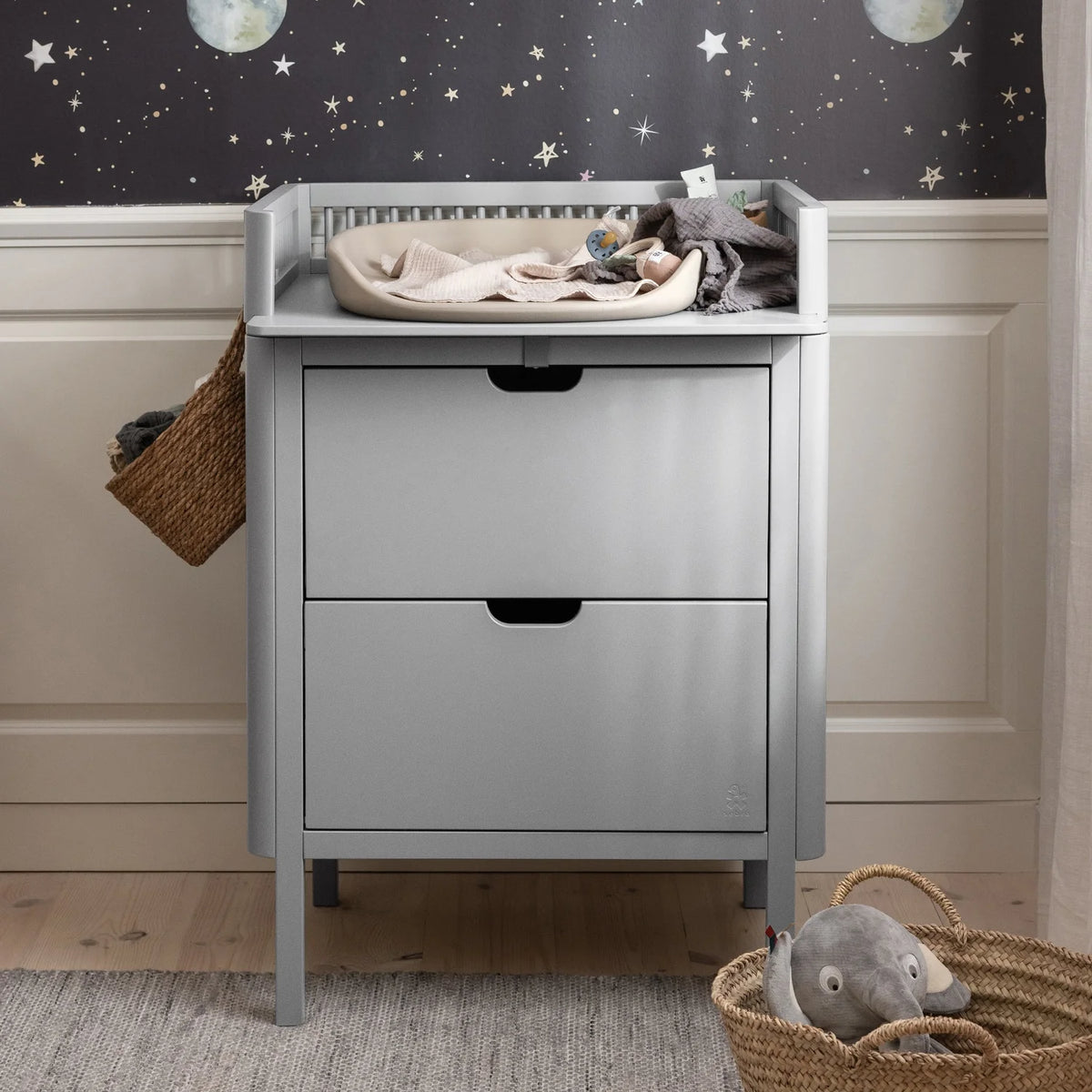 Grey Sebra Changing Unit with Drawers showing removable changing top, grows with your child from babyhood